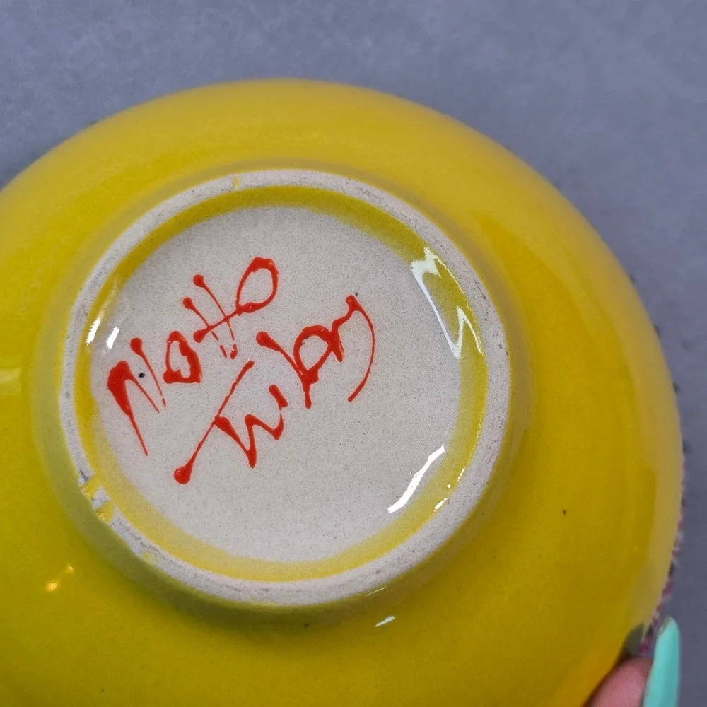 Handcrafted Hand Painted Yellow Ceramic Bowl Floral Mandala Signed 6 Inch